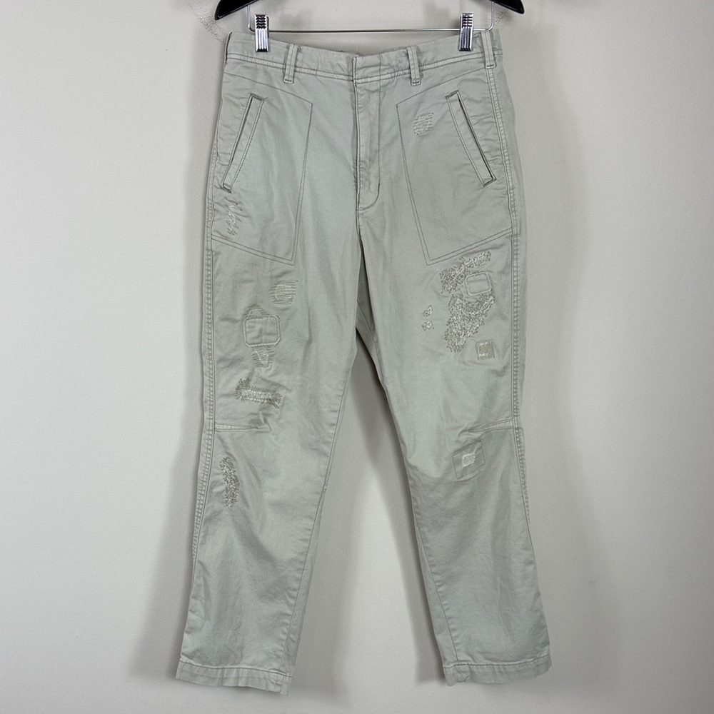 Pilcro Hyphen Patchwork Distressed Barrel Chino Pants‎ in Muted Khaki Sz 28 Tall